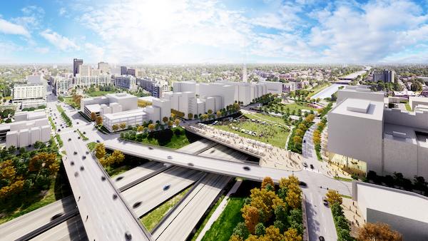 Rendering of a new "lid" across I-480, creating a pedestrian and development friendly green space  connecting downtown to midtown.